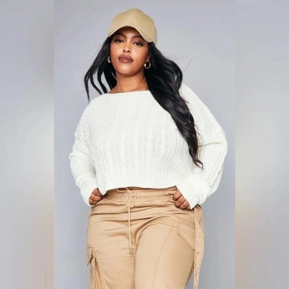 PrettyLittleThing Cable Knit Sweater XXL Cream Cropped Boat Neck Lightweight